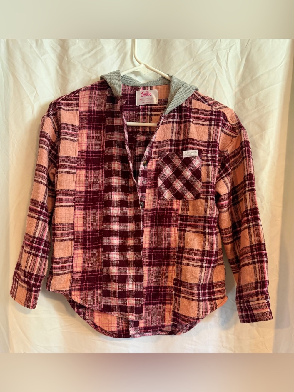 Justice Girls Pink & Burgundy Plaid Hooded Flannel Button-Down